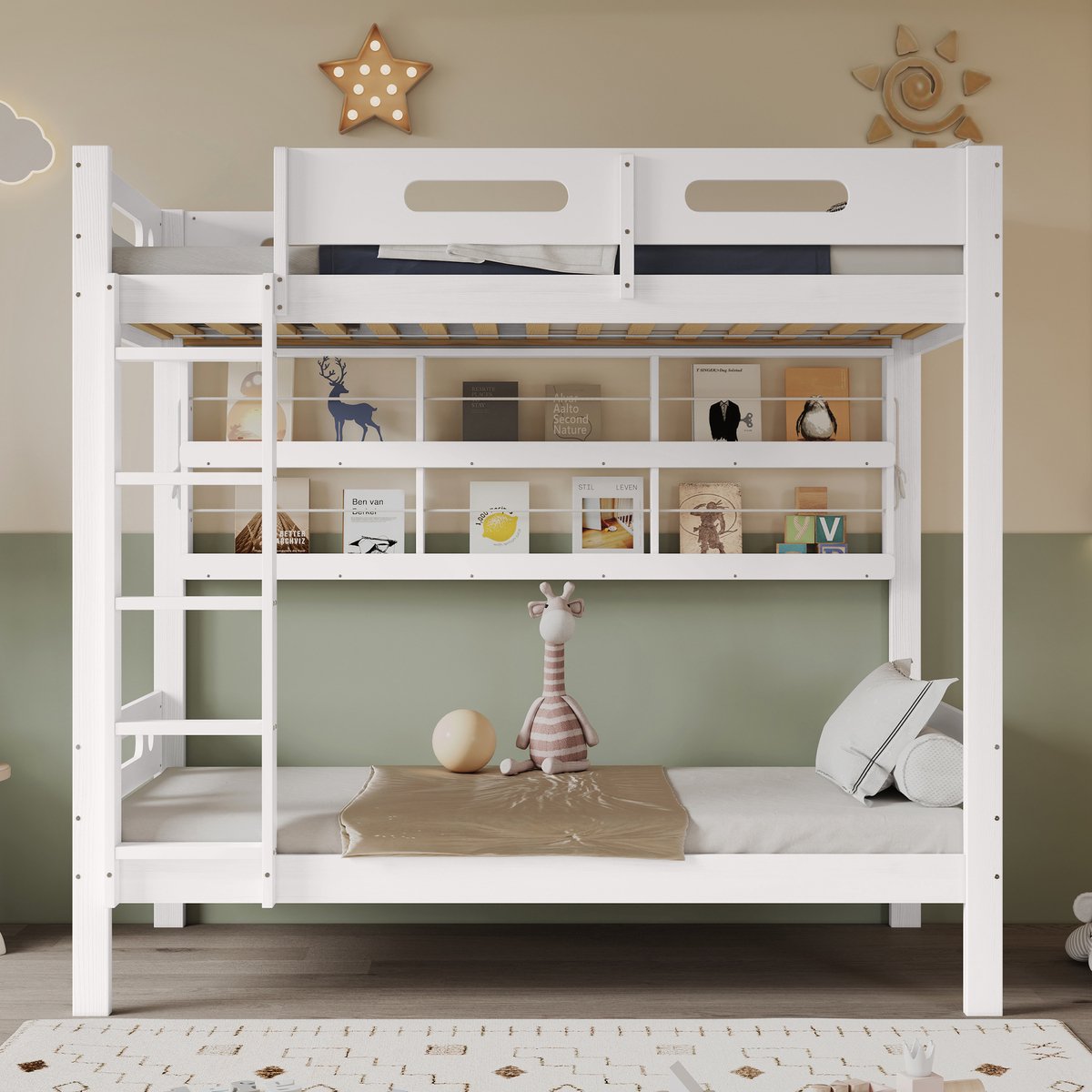 MODFU Kinderstapelbed 90x200 cm – Met veiligheidsreling, open rek & 5-traps ladder – EN747 – Wit