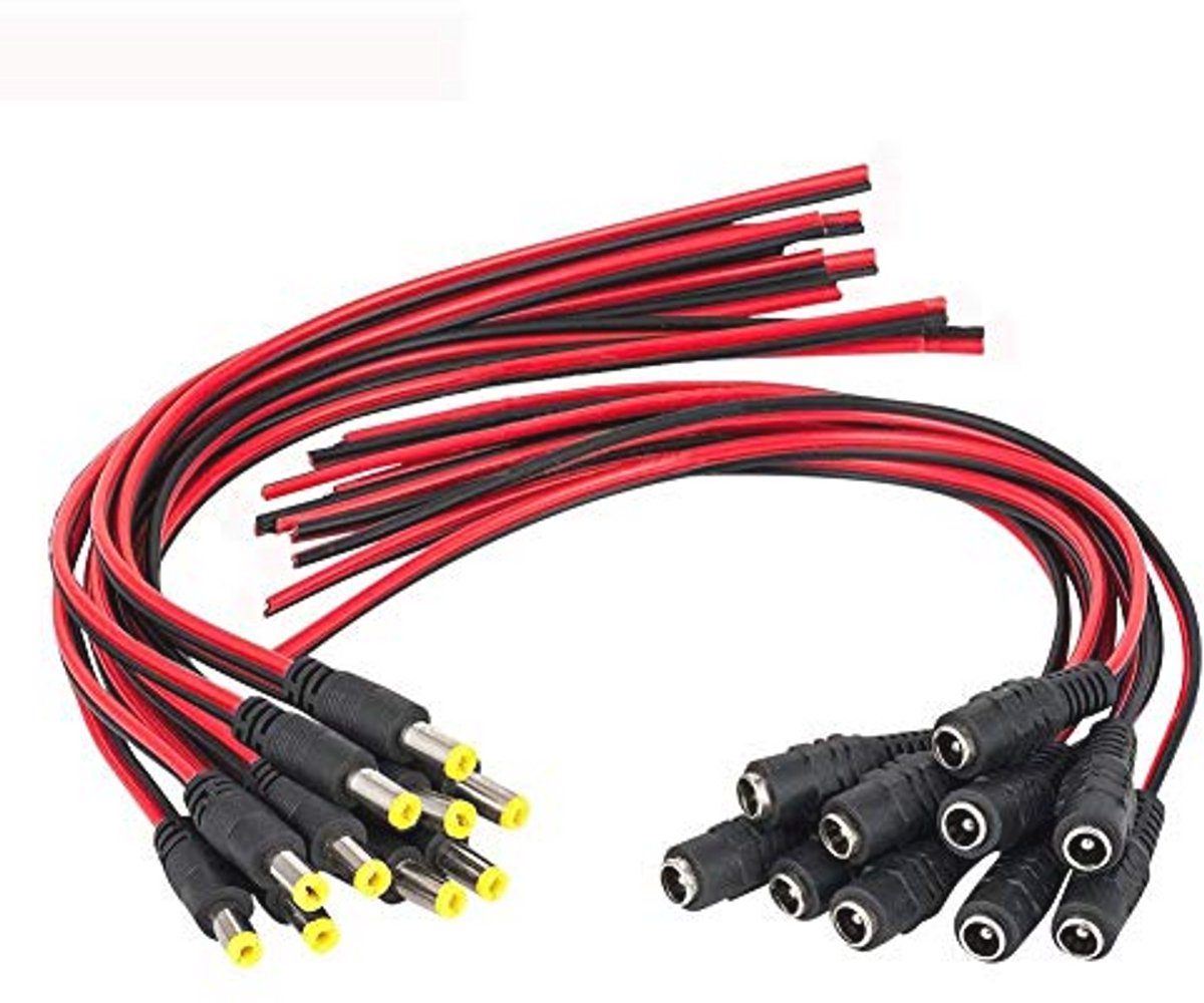 DC Power Pigtail-kabel 5,5 mm x 2,1 mm - 10 paar 18 AWG mannelijke en vrouwelijke connector voor 12V 5A