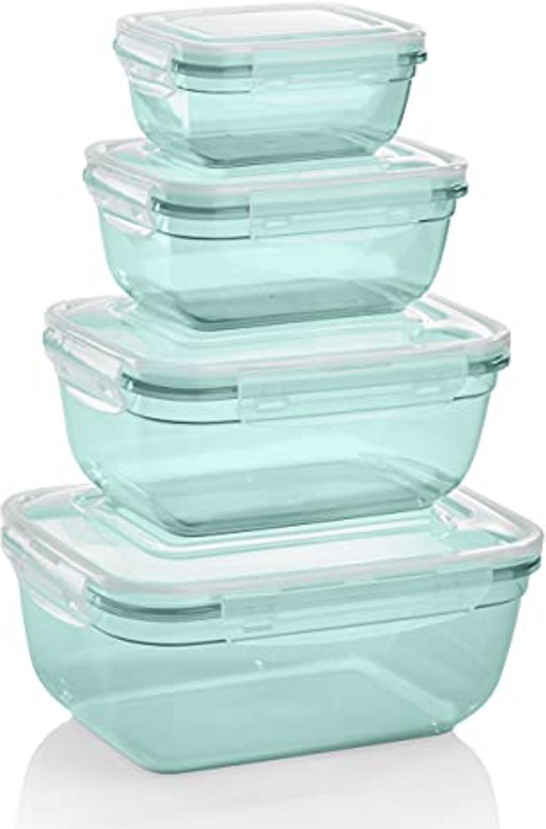 Set van 4 luchtdichte rechthoekige vershouddozen (0,4 l, 0,8 l, 1,4 l, 2,3 l) - Kunststof, magnetronbestendig en vaatwasmachinebestendig