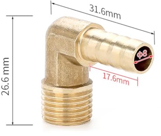 2 stuks messing slangaansluiting 90 graden elleboog 8 mm geribbeld naar
