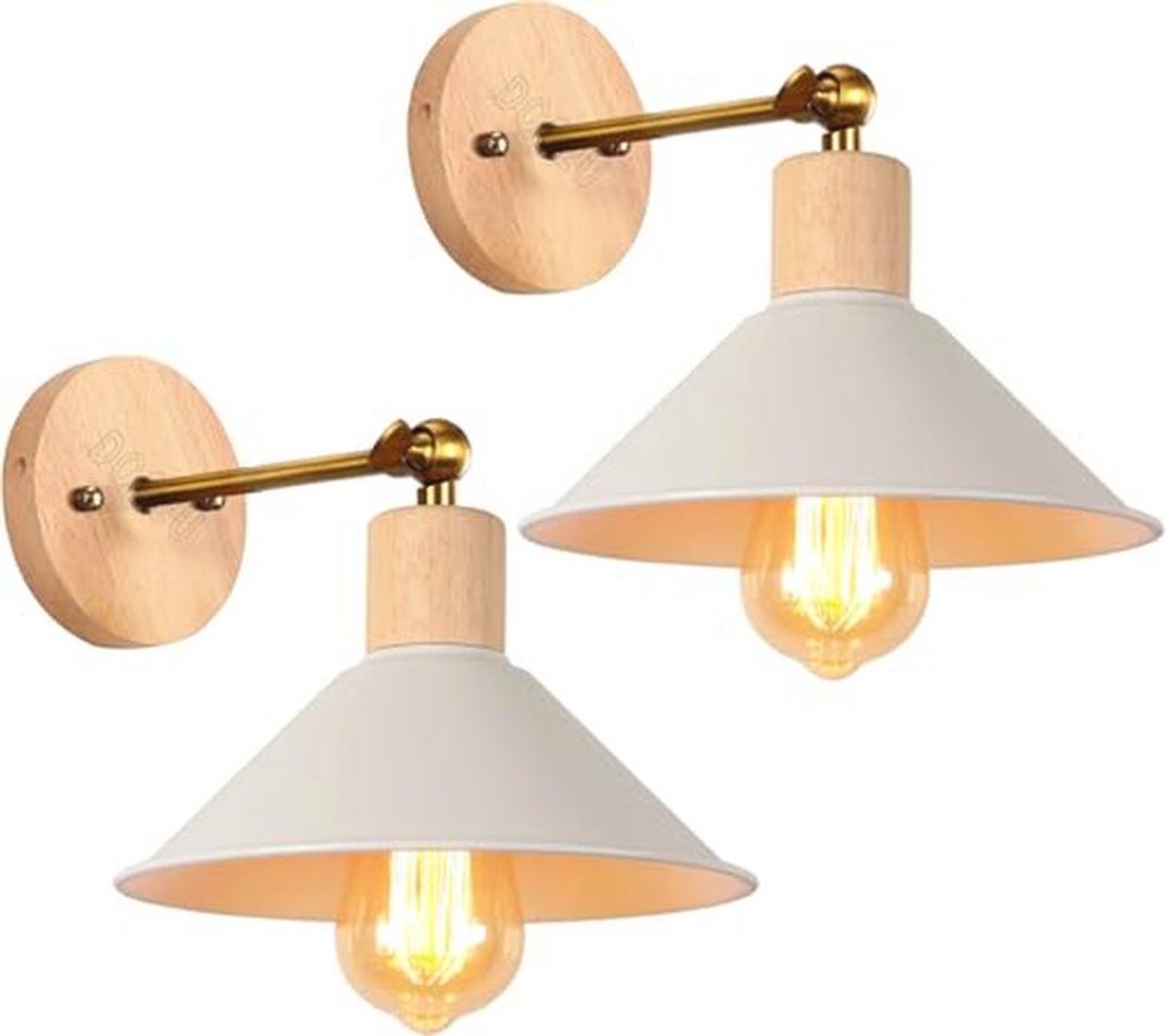 Moderne wandlampen voor binnen - Verstelbare industriële wandlampen van metaal met E27 fitting - 22 cm diameter للجاردن (wit, met hout)