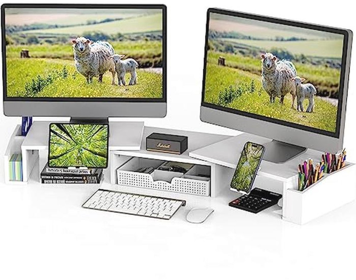 Dubbele Monitor Stand Riser met Lade - Wit