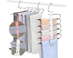 Norhogo 2 stuks 5 etages multifunctionele broekhanger, roestvrij staal, intrekbare broekstandaard, inklapbare multifunctionele meerlaagse broekstandaard voor broeken, sjaals, jeans, kleding,
