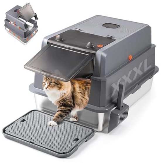 PalNests Kattenbak van Roestvrij Staal, XXL Kattenbak Met 105° kanteldeksel en Schepje, Verwijderbare Metalen Kattenbak, Kattenbak met Hoge Zijkanten en Litter Mate Deodorantcontrole
