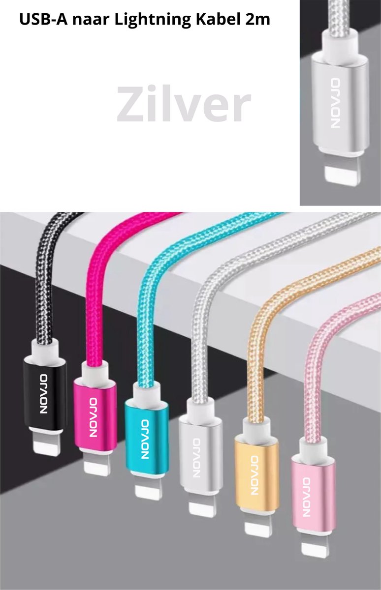 NOVJO® USB-A naar Lightning Kabel 2m – Snel Opladen & Datatransfer - Zilver