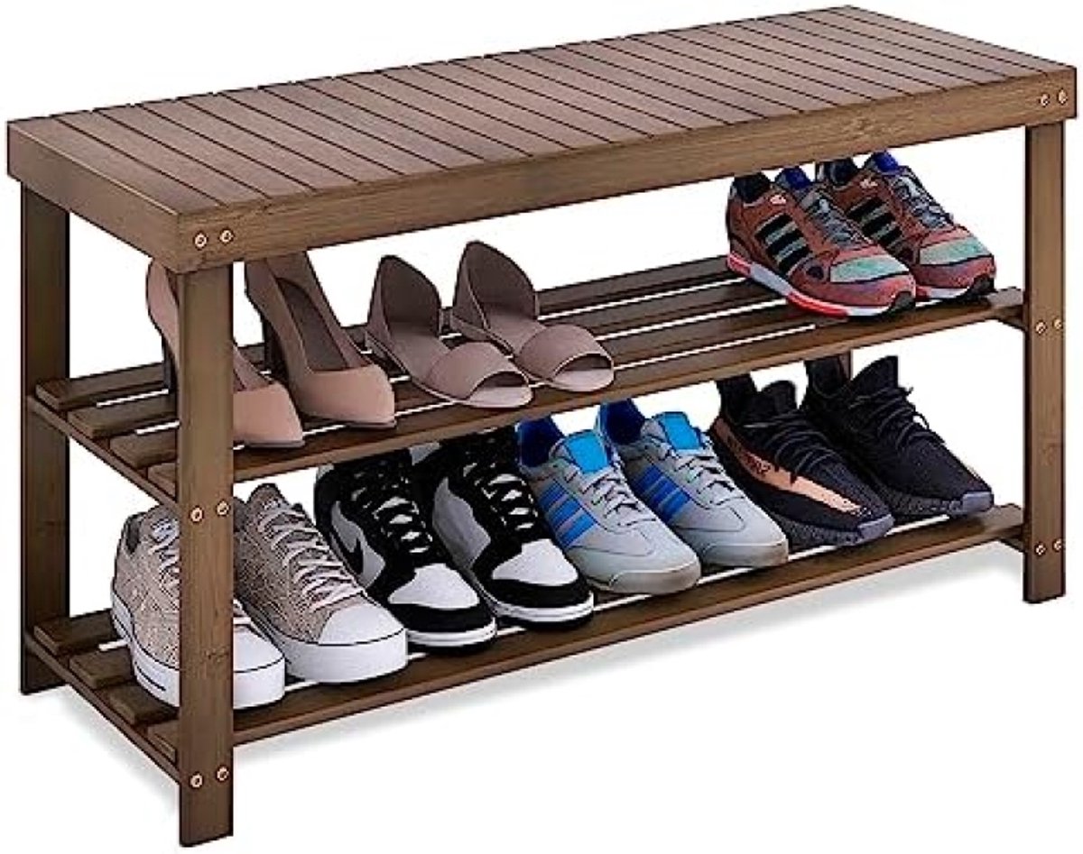 Bamboe Schoenenrek Bank, 3-Tier Schoen Organizer Opbergplank voor Hal Hal Badkamer Woonkamer (Bruin)