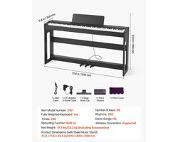 Digitale Piano - 88 Toetsen Volledig Gewogen - Aanslaggevoelig - Met Meubelstandaard - Drievoudig Pedaal - Opnamefunctie - Draadloze Verbinding - Zwart
