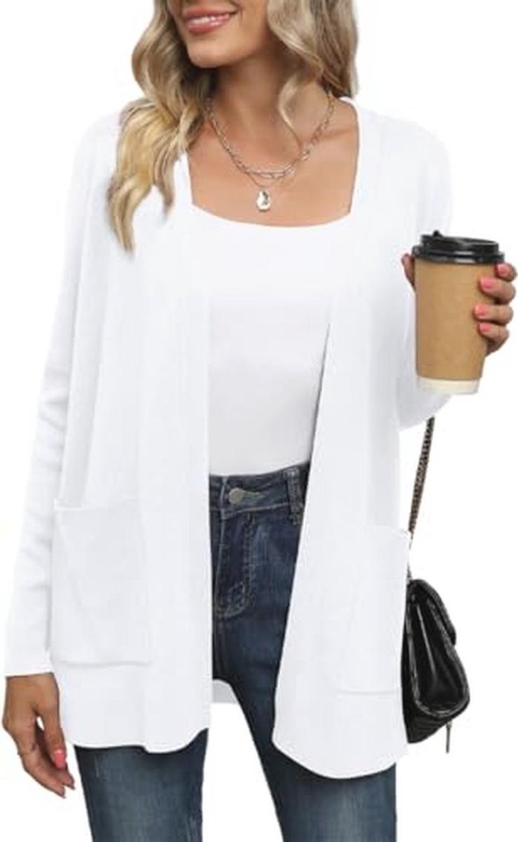 Dames gebreid vest met lange mouwen en zakken – Lichtgewicht V-hals truien voor casual stijl