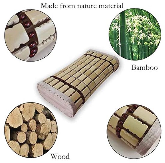 Gedetailleerde afbeeldingen van bamboe en hout, waaruit het bamboe hoofdkussen is gemaakt. Tekst: 'Made from nature material', 'Bamboo', 'Wood'.