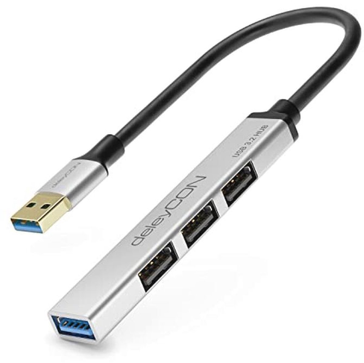 USB A Hub 4 Poorten Verdeler - Aluminium Behuizing, 15cm, Voor PC en Laptop - Zilver