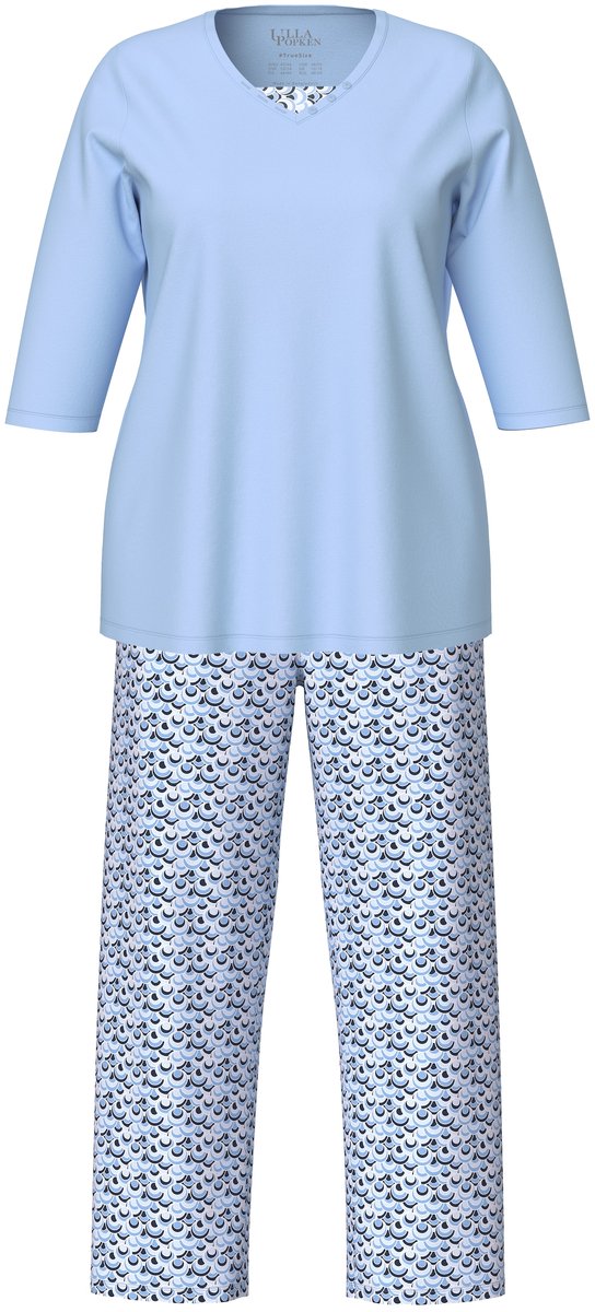 Ulla Popken - Dames - Pyjama V-hals 3/4-mouwen zakken - Lichtblauw - Maat 42+