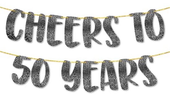50e Verjaardag Banner – Zwarte Stof Met Gouden Glitter, 185x90 Cm, Herbruikbaar, Weerbestendig, Incl. 6m Touw, Perfect Voor Feestdecoratie & Fotoachtergrond