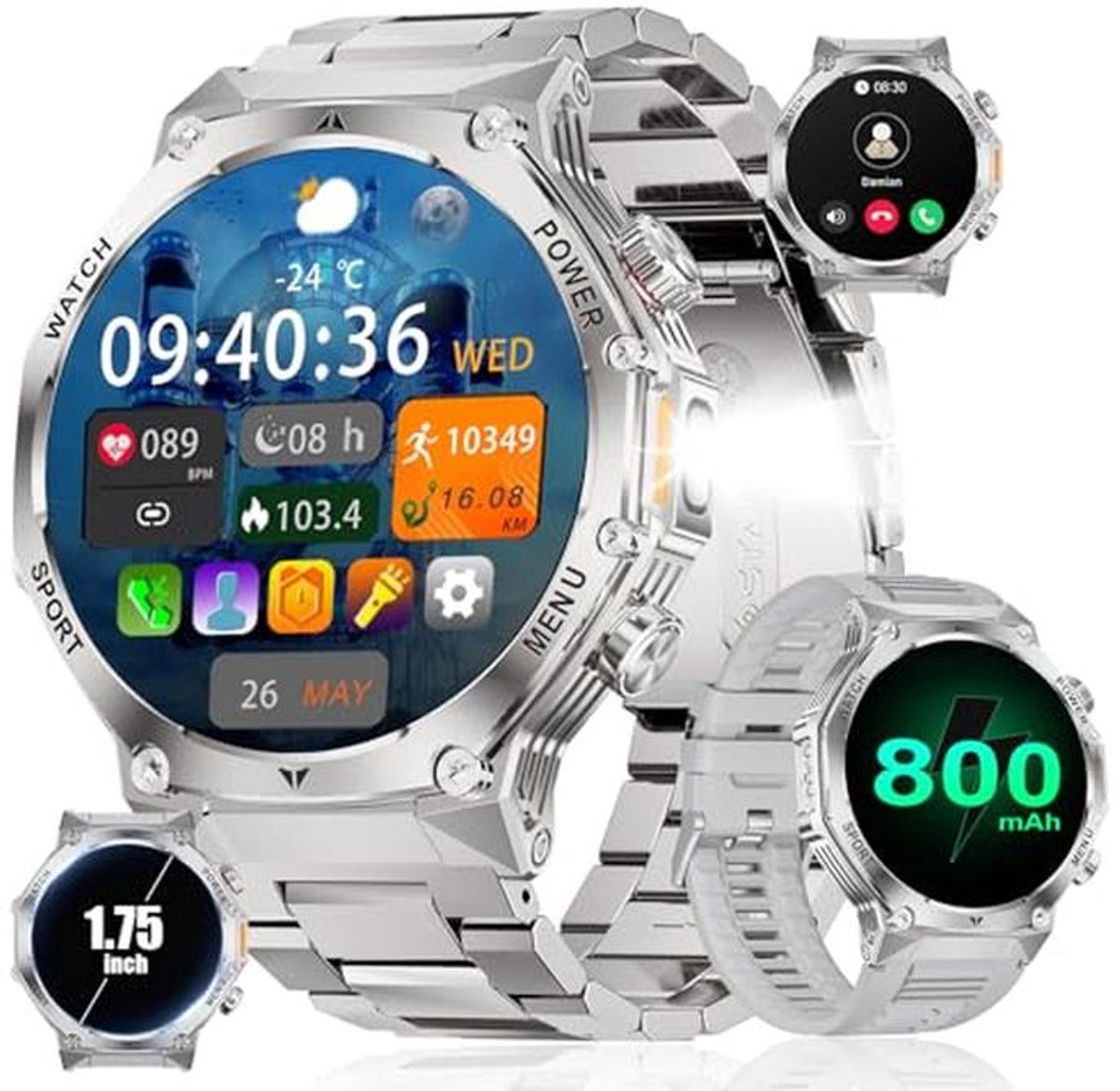 Smartwatch heren 4,4 cm met 30 dagen stand-by, bluetooth, IP68 waterproof en 114 sportmodi