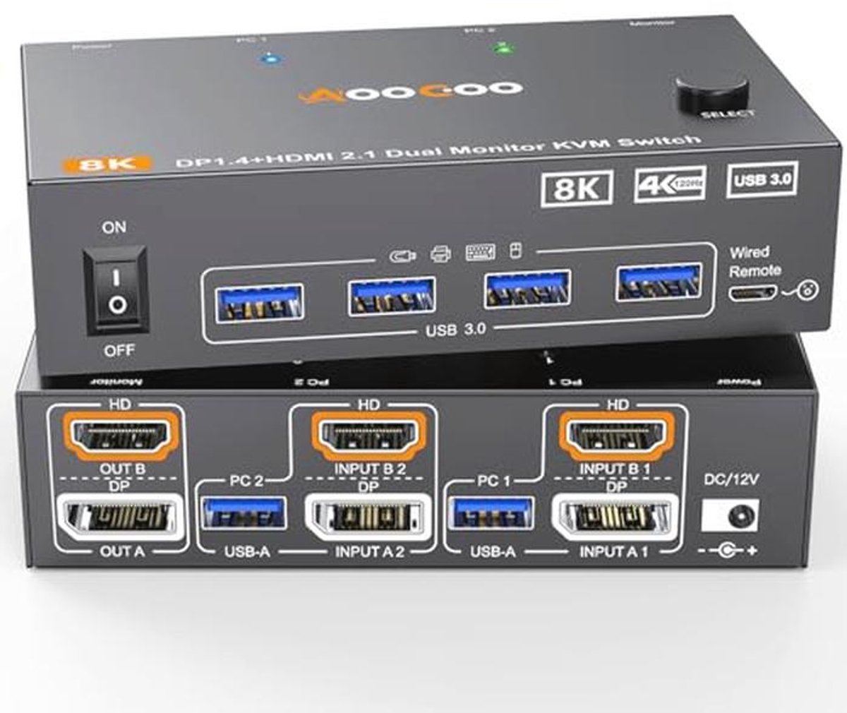 8K @60Hz KVM Switch voor 2 PC's en 2 Monitoren met USB 3.0 - HDMI en DisplayPort