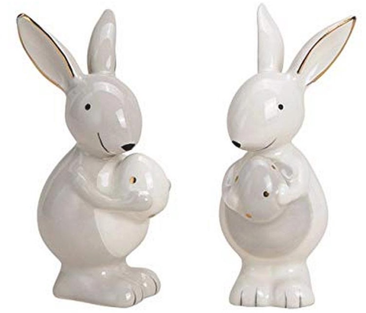 Decoratiefiguur set van 2 hazen met paaseieren, keramiek, landhuisstijl, paasdecoratie voor lente en Pasen