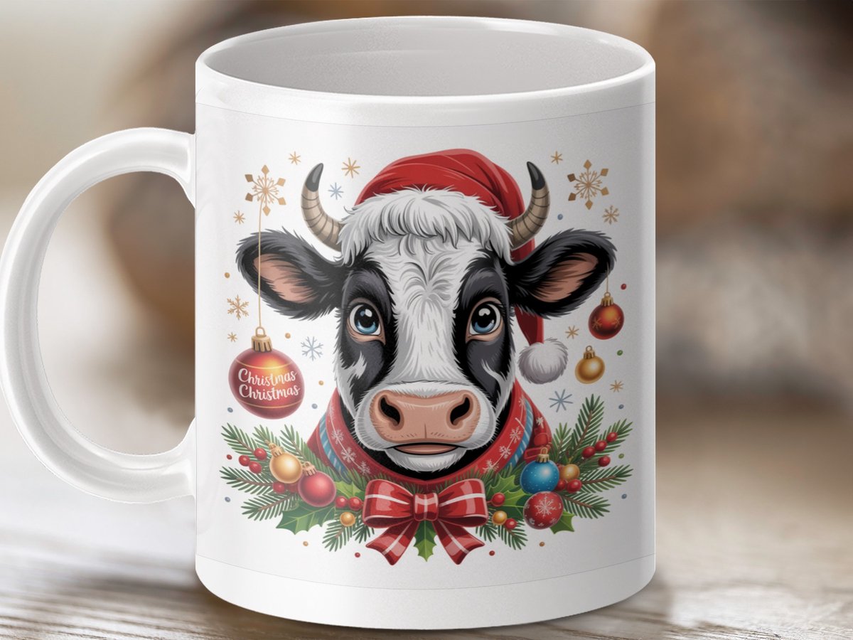 Mok Kerstkoe, Kerst mok, Feestdagen mok, Koe cadeau, Kerstcadeau, Koe kerst ornament, koe met Kerstmuts, Kerst versiering