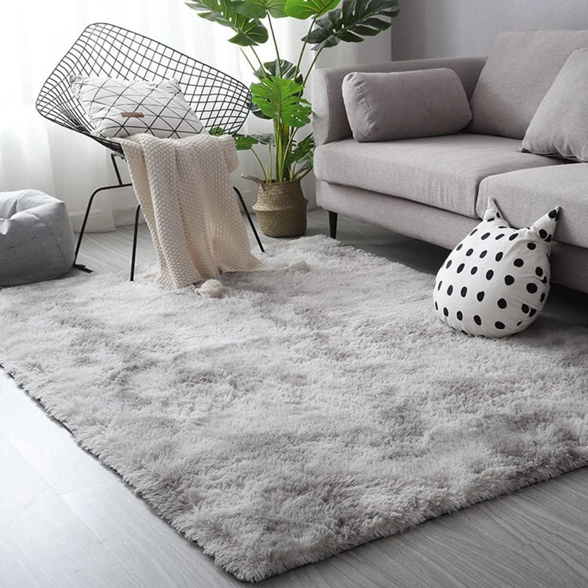 Provento - Hoogpolig Vloerkleed Grijs Wit Modern | 160 x 230 cm | Pluizig Zacht Tapijt | Woonkamer Kinderkamer Slaapkamer | Decoratie Hal Loper Buitentapijt | Imitatiebont Shaggy Effen Bedtapijt.