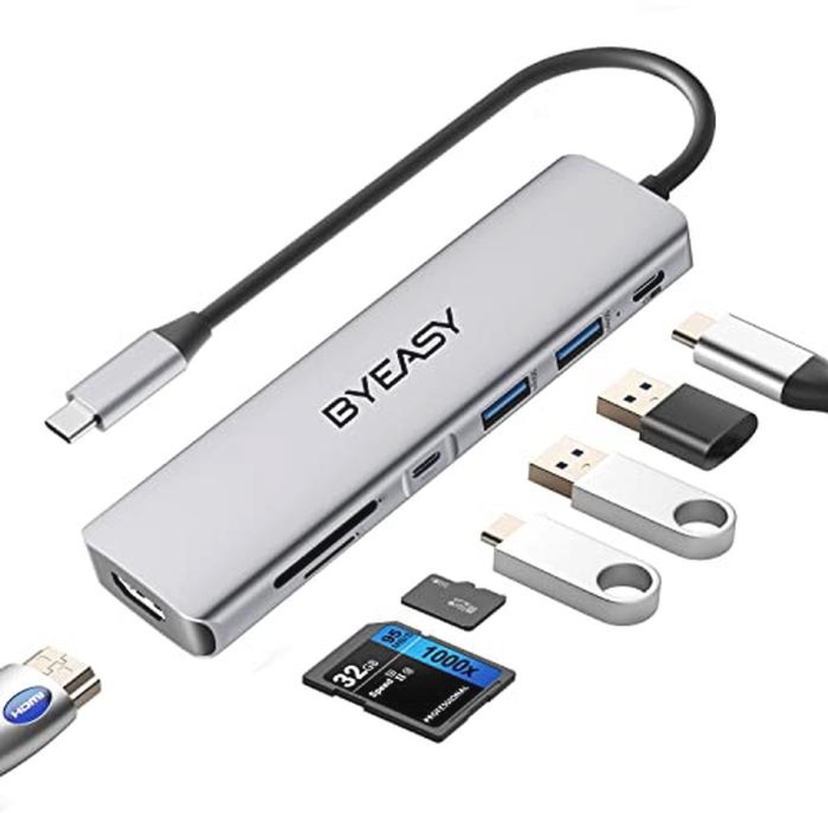 7-in-1 USB C-hub met 4K HDMI, SD/TF-kaartlezer en 100W stroomvoorziening voor laptops en apparaten met type C