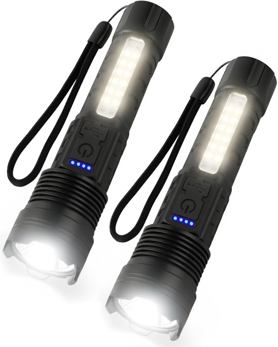 ODESSEY Tactische Zaklamp - 2-Pack - LED Oplaadbaar - COB-Verlichting - met Polsband - Militaire Zaklamp - Zaklampen - Kind - Zwart