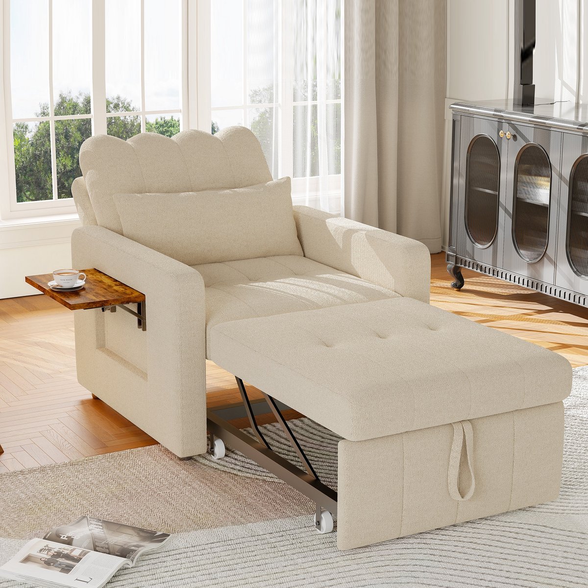 3-in-1 converteerbare slaapbank, gestoffeerde stoel die ook als bed kan dienen, verstelbare slaapbank met kussen en bekerhouder, fauteuil met slaapfunctie voor appartement, woonkamer, slaapkamer, kantoor, beige