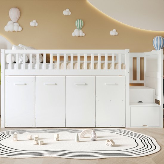 Lit superposé, lit multifonctionnel, lit enfant avec protection antichute et barreaux, avec bureau/penderie/casiers, avec 2 casiers dans l'escalier, pin + MDF, blanc, 90 x 200 cm