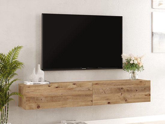 Zwevend tv-meubel van donker eikenhout met twee deuren, boven een tv.
