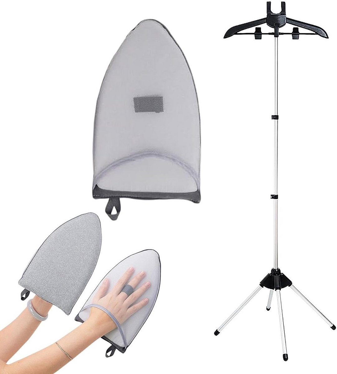 Opvouwbare Telescopische Stoompanstandaard voor Kleding - Inklapbare Stoomkokerhouder met Kleerhanger en Beugelhandschoenen