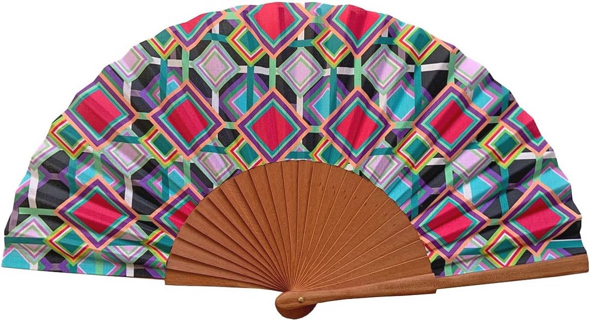 Elegante Spaanse handgemaakte waaier van hout en katoen met etui en jute tas - Geometrisch design