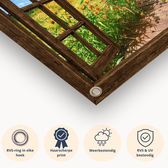 Fenêtre ouverte et terrasse en bois - Affiches de jardin avec vue - Affiche nature extérieure - Décoration de clôture - Décoration murale extérieure - Affiche de jardin 150x100 cm