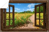 Open raam en vlonderpad - Doorkijk tuinposters - Natuur poster buiten - Schutting decoratie - Wanddecoratie buiten - Tuinposter 150x100 cm