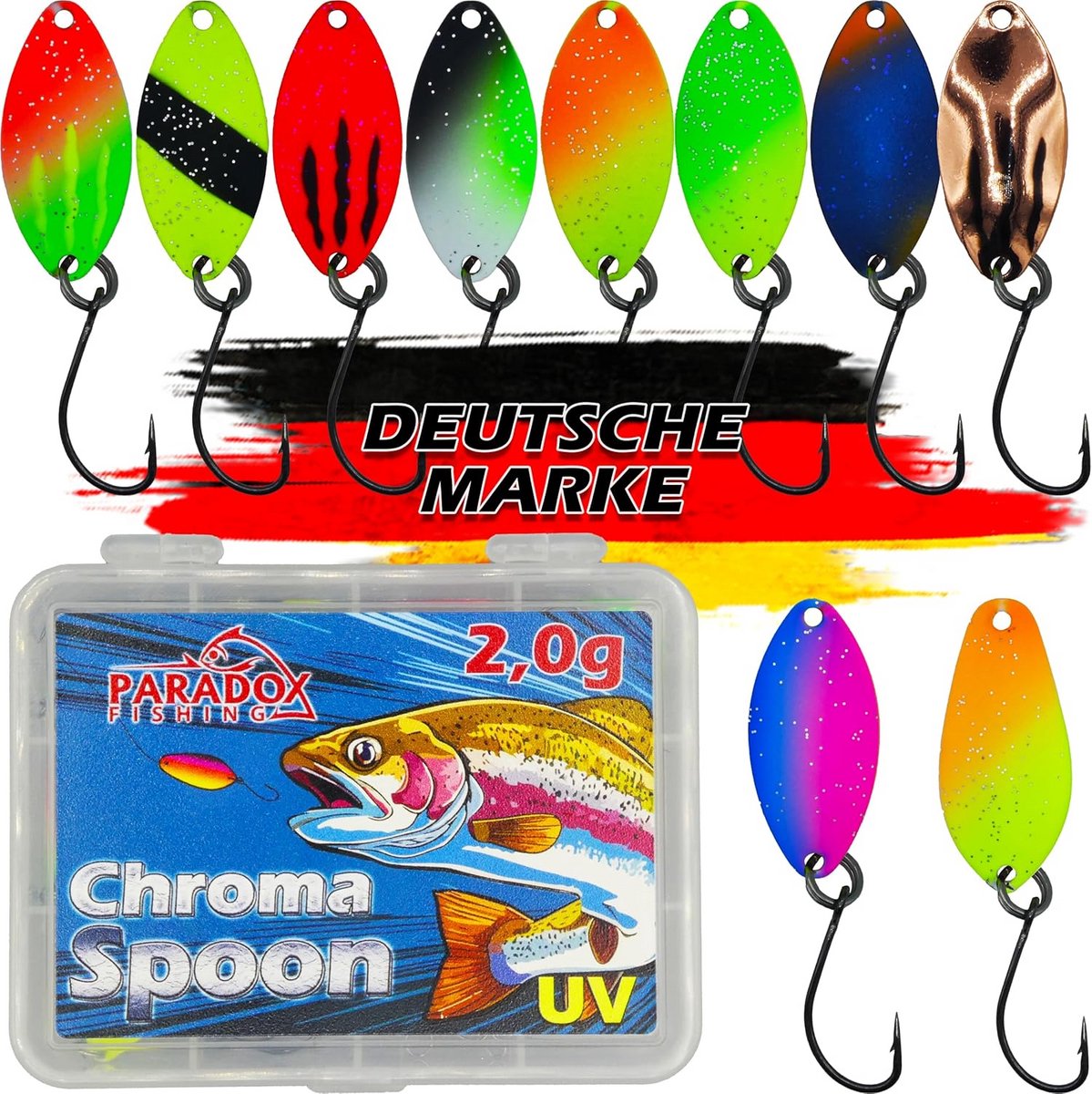 Set van 10 Forel Lepels (2.5g) Inclusief Lepel Box en 5 Draaiophangers - Kunstaas voor Forelvissen