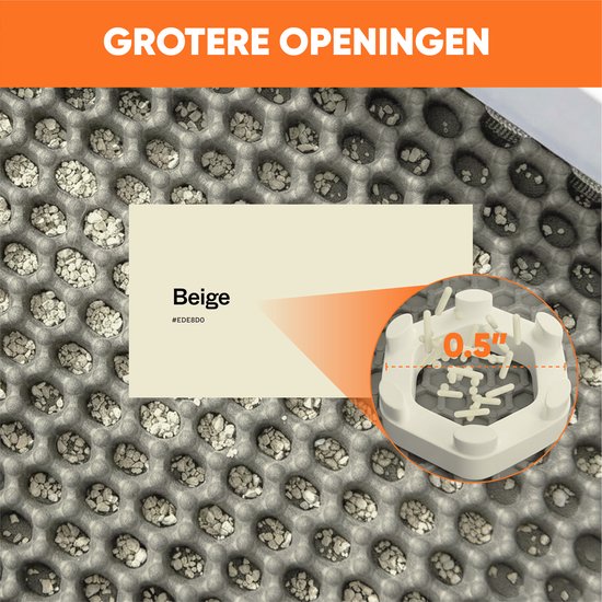 Close-up van beige kattenbakmat met honingraatontwerp en grotere openingen, met kleurstaal beige.
