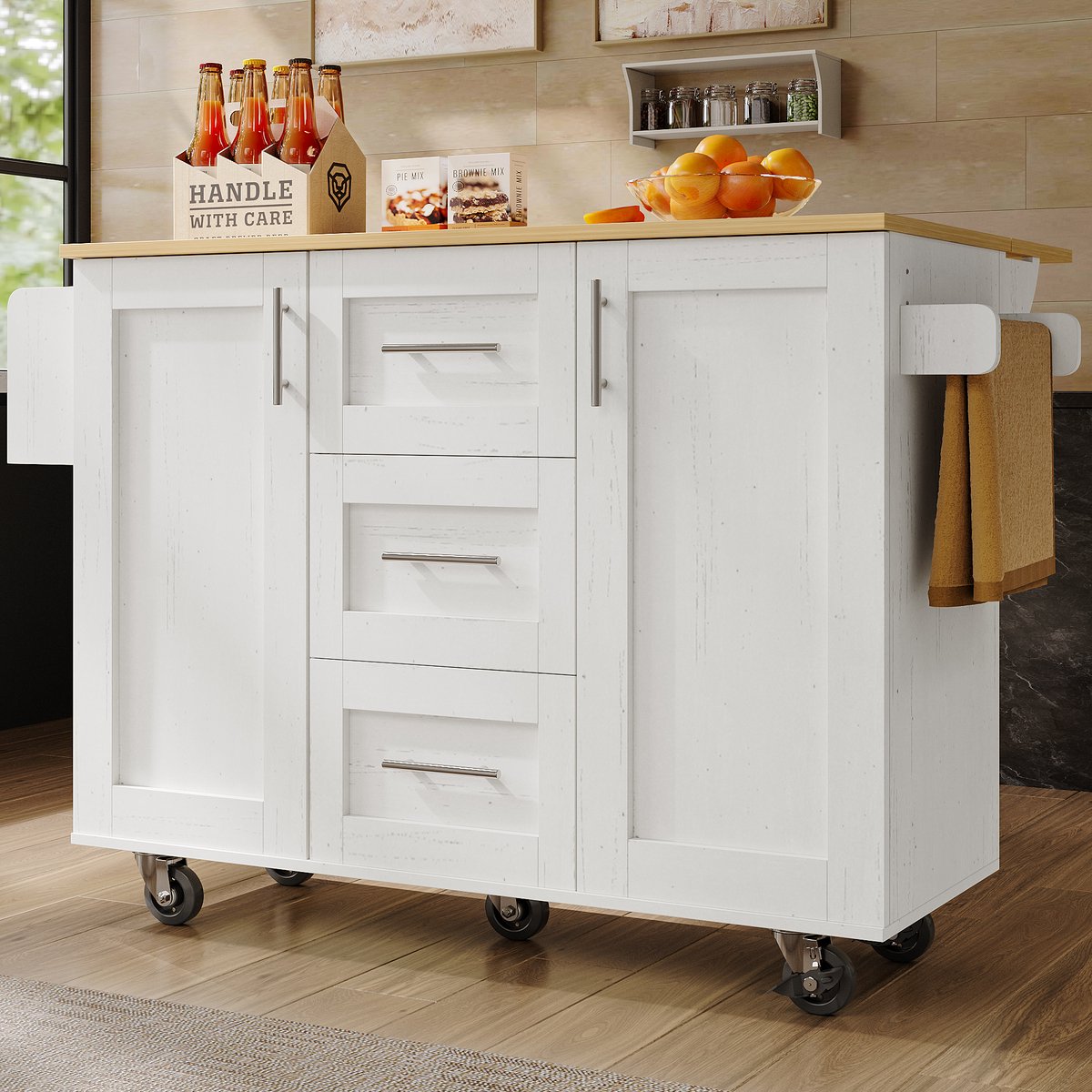 OKWISH Keukeneiland – Mobiele Keukentrolley Met Uitklapbare Zijden En Afneembare Rollen – 135x46-74x86,6/87,2 cm – 3 Lades + Deur Met Snackrek – MDF Wit