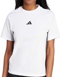 Wit damest-shirt met zwart Adidas logo op de borst en zwarte strepen aan de zijkanten.