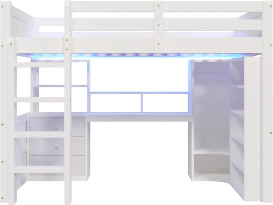 HAUSS SPOLE Lit Mezzanine 140x200cm - Avec éclairage LED - Armoire, Bureau Et 3 Tiroirs - Multifonctionnel Avec Rangement - Sans matelas - Sapin/MDF - Blanc