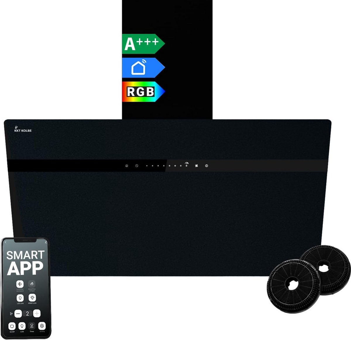 Schuine Wandafzuigkap 80 cm Zwart Glas RVS met WiFi en RGBW LED Verlichting