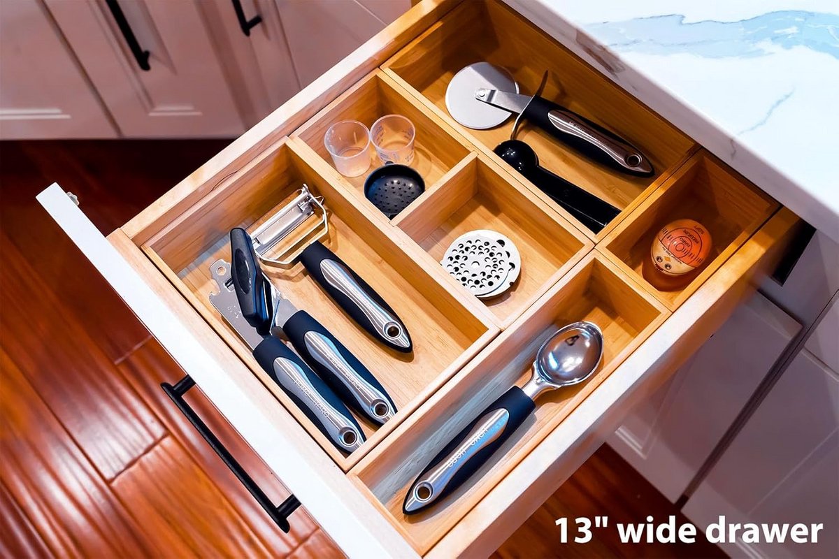 Bamboe ladeverdeler 6,3 cm - 5 herschikbare bakken voor keuken, kantoor, desktop, kleding, make-up, sieraden — cadeau in Cadeau-ideeën - foto 5
