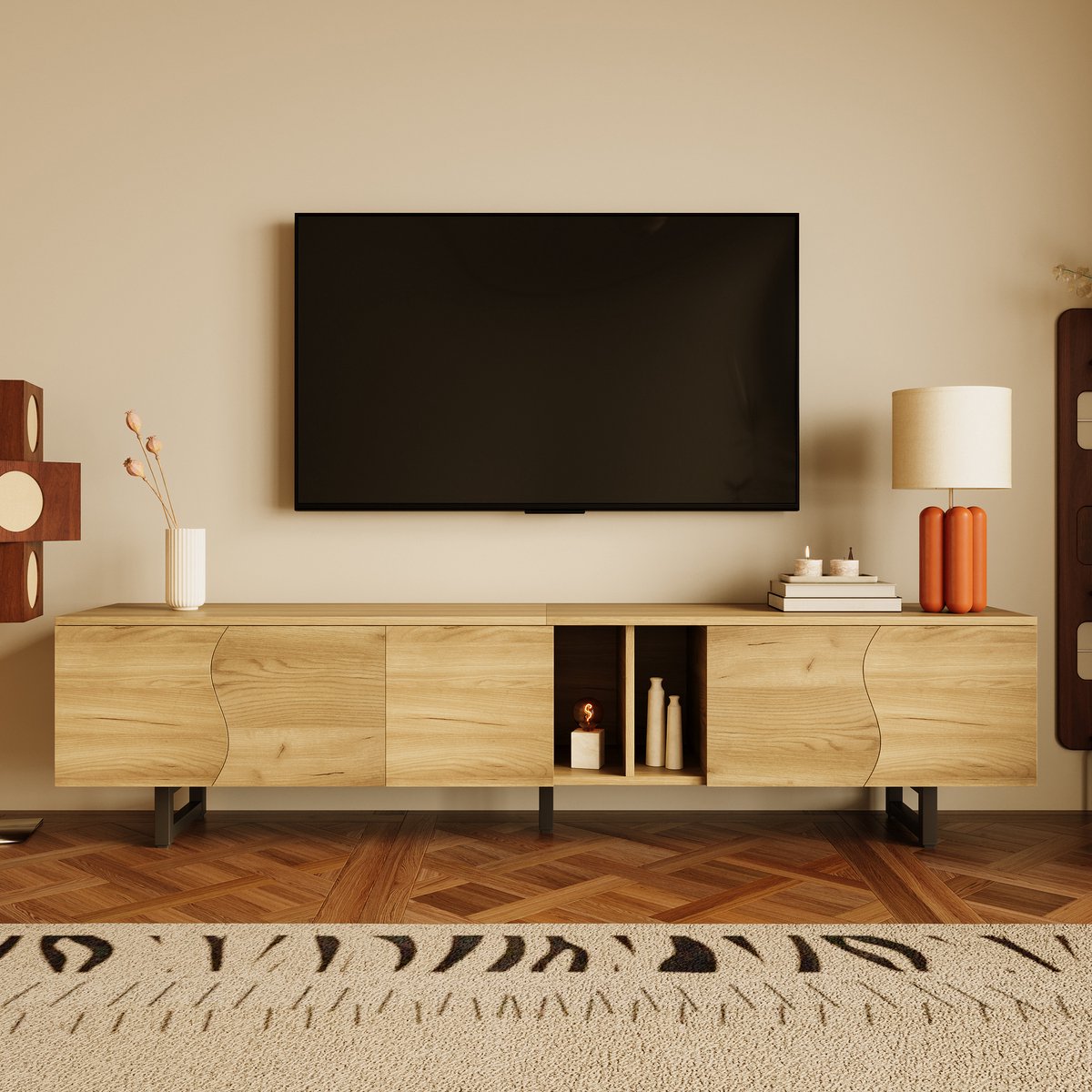 MODFU TV-meubel 191x38x46,5 cm van MDF en spaanplaat met metalen frame, met opbergruimte en golvende deuren Natuurlijk