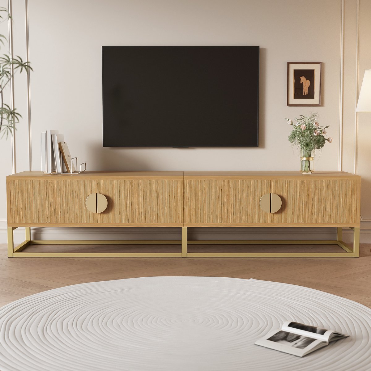MODFU Tv-meubel – 180x40x40 cm – Houtkleur met gouden details – 4 deuren & soft-close – Moderne tv-kast – MDF & spaanplaat – Scandinavisch design