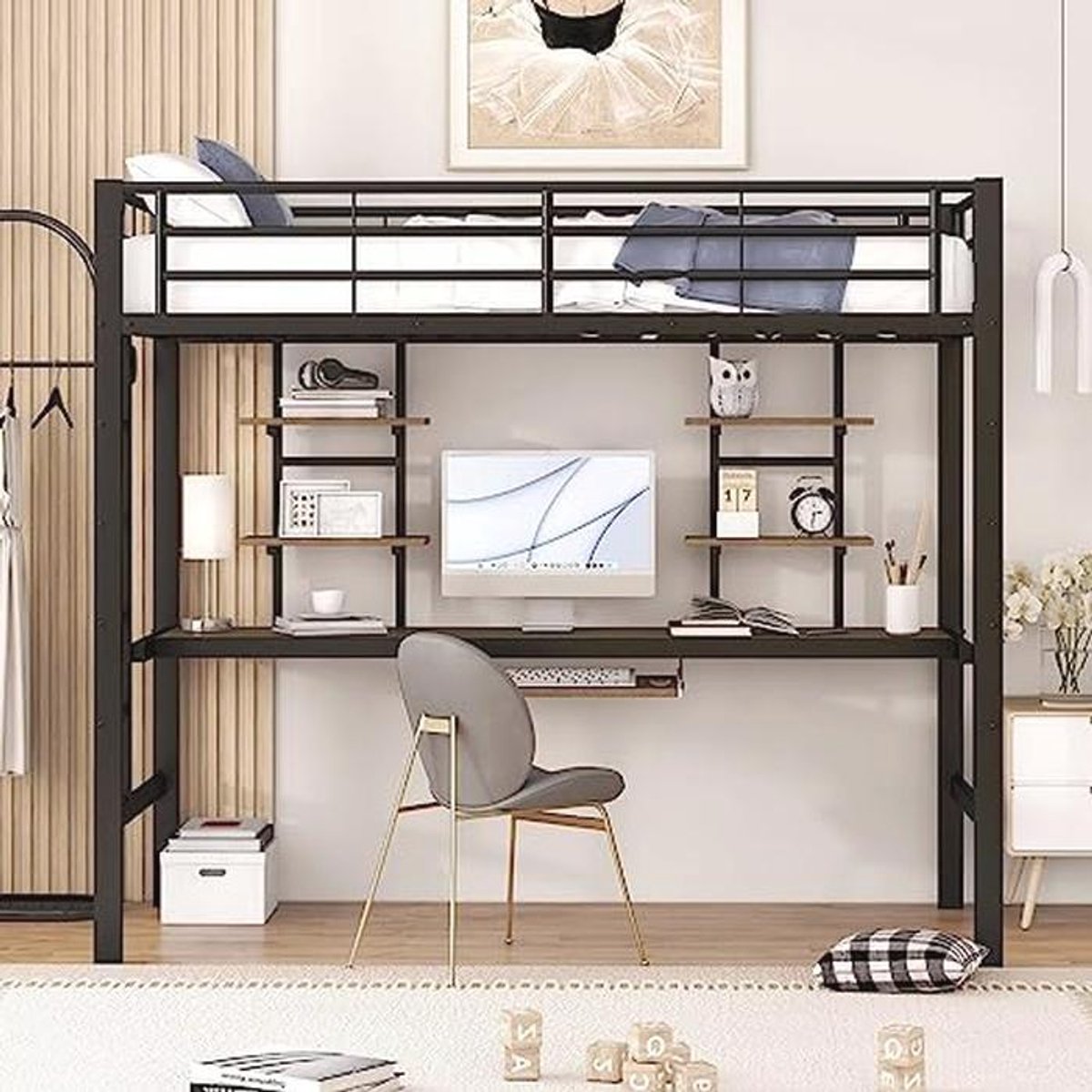 Loftbed met Bureau en Boekenplanken - 90 x 200 cm met Stabiele IJzeren Bedframe