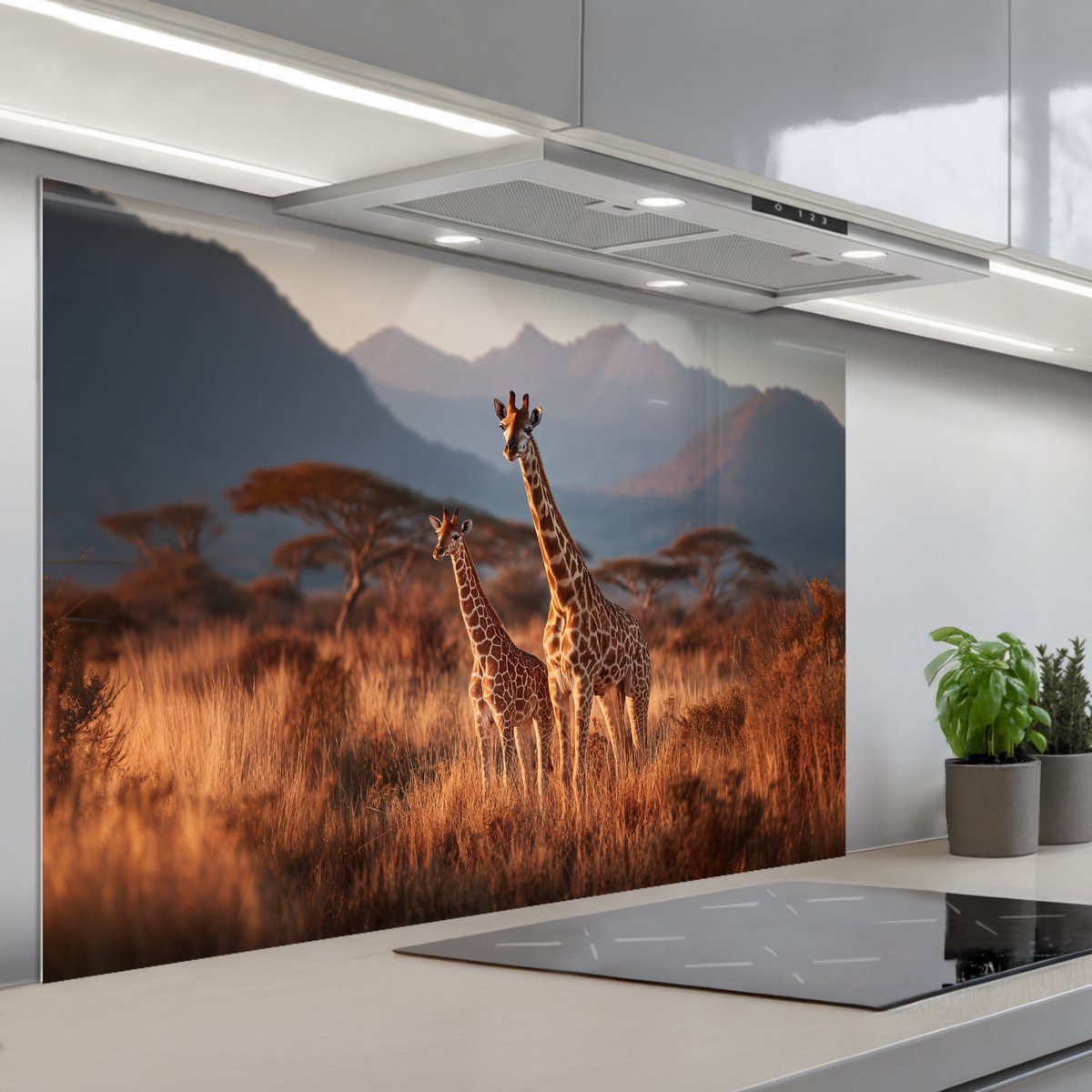 Spatscherm 120x80 cm - Zelfklevende achterwand Giraffen - Hoog gras - Acaciabomen - Keuken muurbeschermer - Spatwand fornuis