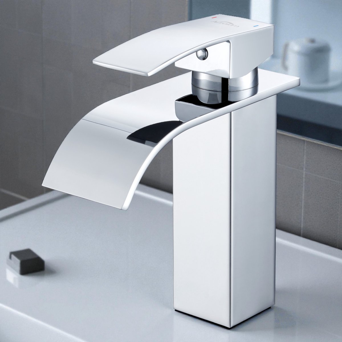 Auralum max Wastafelkraan Zilver - Badkamerkraan Chroom - Badkamer Kraan - RVS - Opbouw - Warm en Koud - Waterbesparende - Watervalkraan