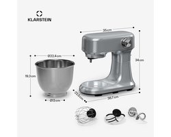 Klarstein Bella Evo 1500W keukenrobot – 5L roestvrijstalen kom, 12 snelheden, planetaire mixfunctie, pulsefunctie, deeghaak, klopper & garde, keukenrobot voor bakken, zilver