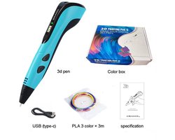 3D-printpen voor kinderen met LCD-scherm, 12 kleuren x 3 meter filament, doe-het-zelf educatief 3D-tekenen en schilderen - blauw