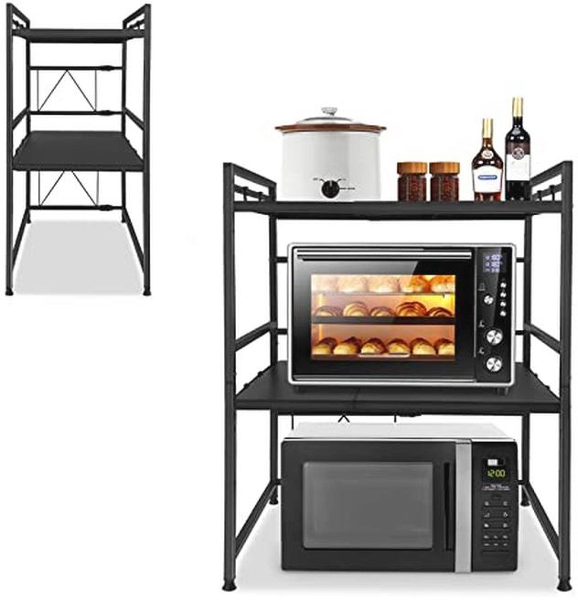Uitbreidbaar Magnetronrek met 3 Niveaus en Haken - Ruimtebesparende Keuken Organizer