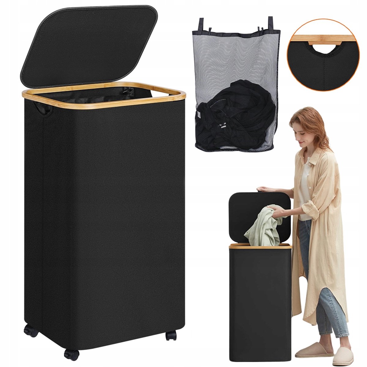 Merkloos Opvouwbare Wasmand met Wielen - 110L, Smal Design