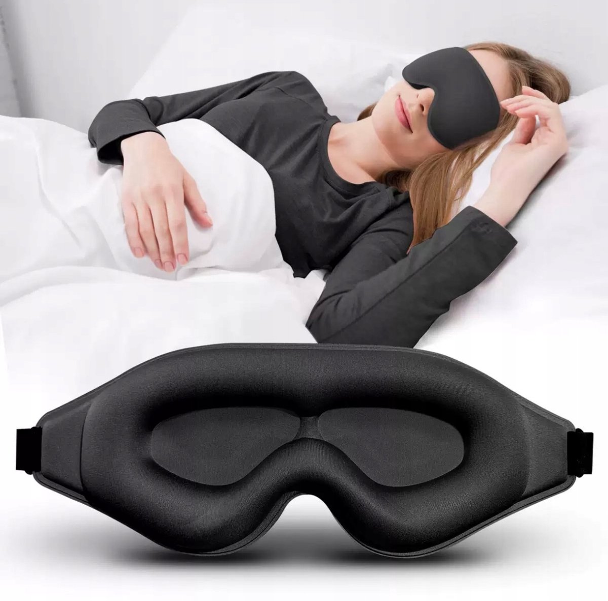 3D-slaapmasker zwart - 100% verduisterend, verstelbaar en comfortabel