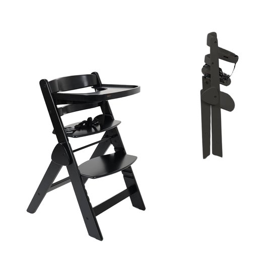 Novi at Home Yumi Inklapbaar Kinderstoel - Pure Zwart - Maximaal gewicht 50 KG - Verstelbare zithoogte en voetensteun - Inclusief babyset, eetblad & harnas