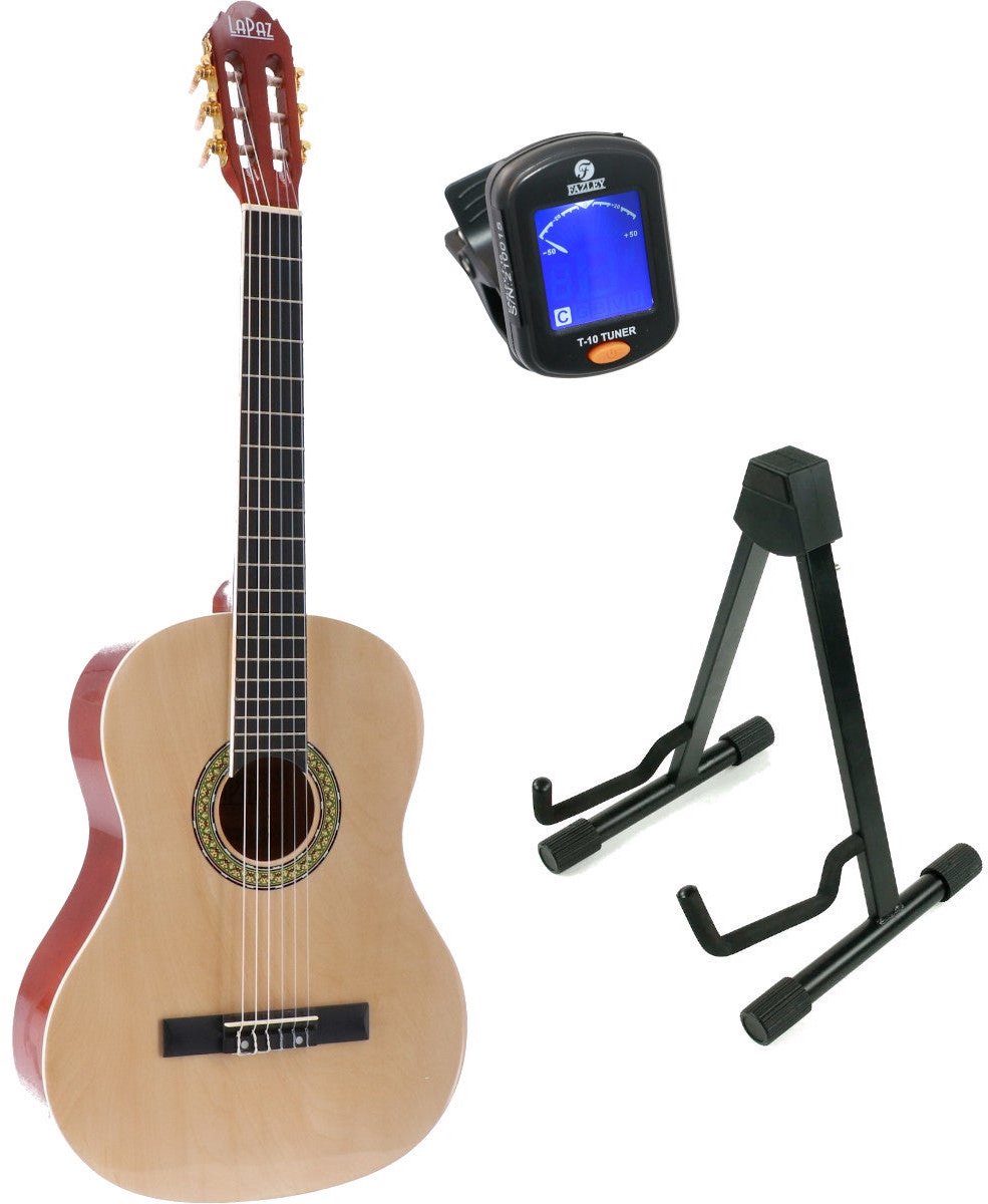 LaPaz 002 NT klassieke gitaar 4/4-formaat naturel + statief + tuner