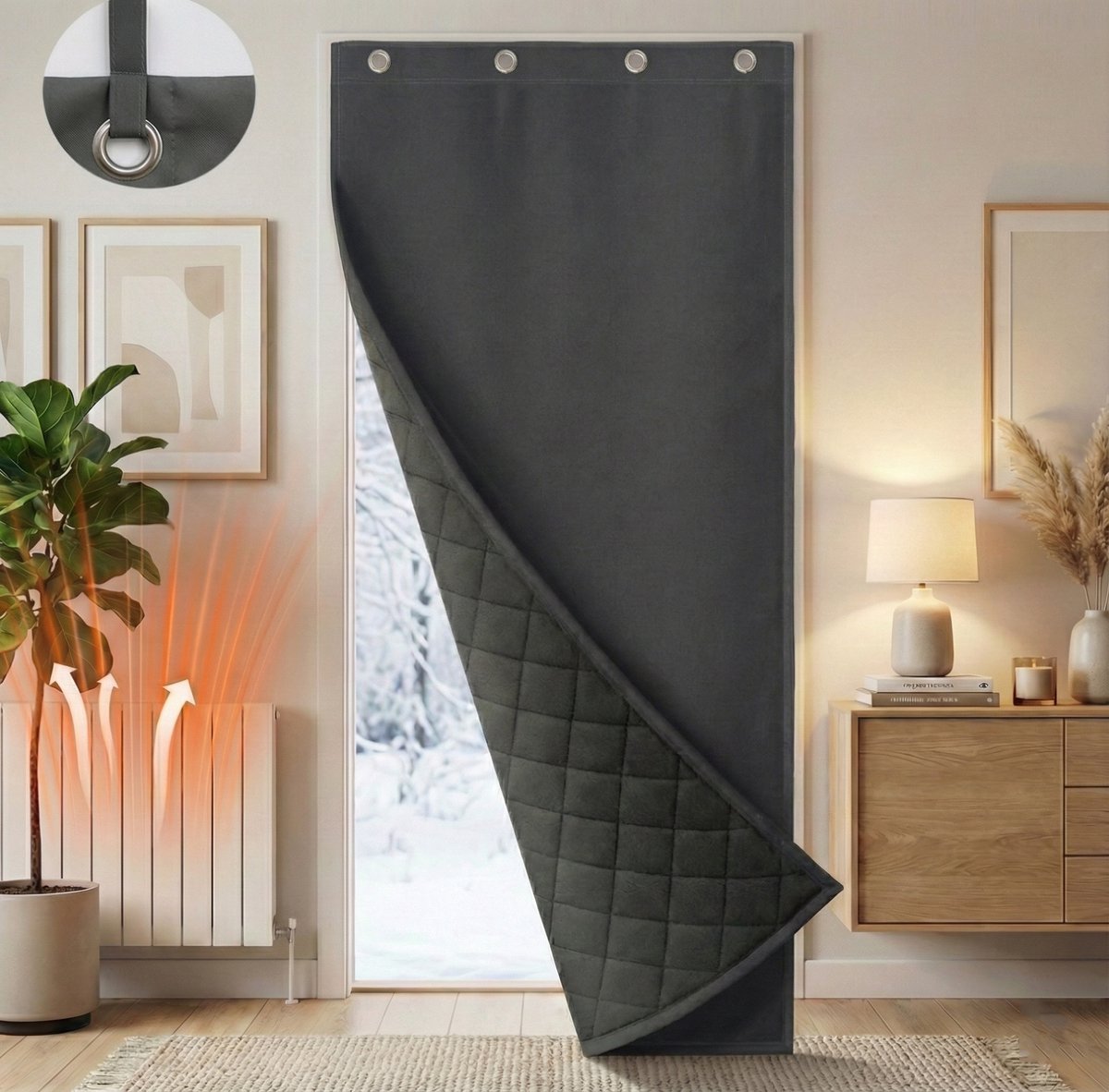 MUPOO isolerende Deur gordijnen Verduisterend Met Oogjes 420gsm Quilted - Waterdicht, Thermisch Winddicht, Zelfklevende Achterkant -Dikke gordijinen Voor Thuis/Winkels/Woonkamer - Grijs - 100x210cm